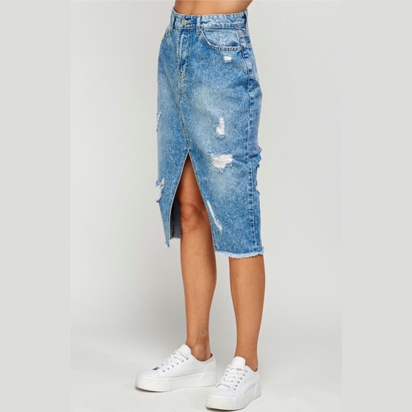Medium Wash Long Distressed High Waisted Midi Denim Skirt - Picture 2 of 6